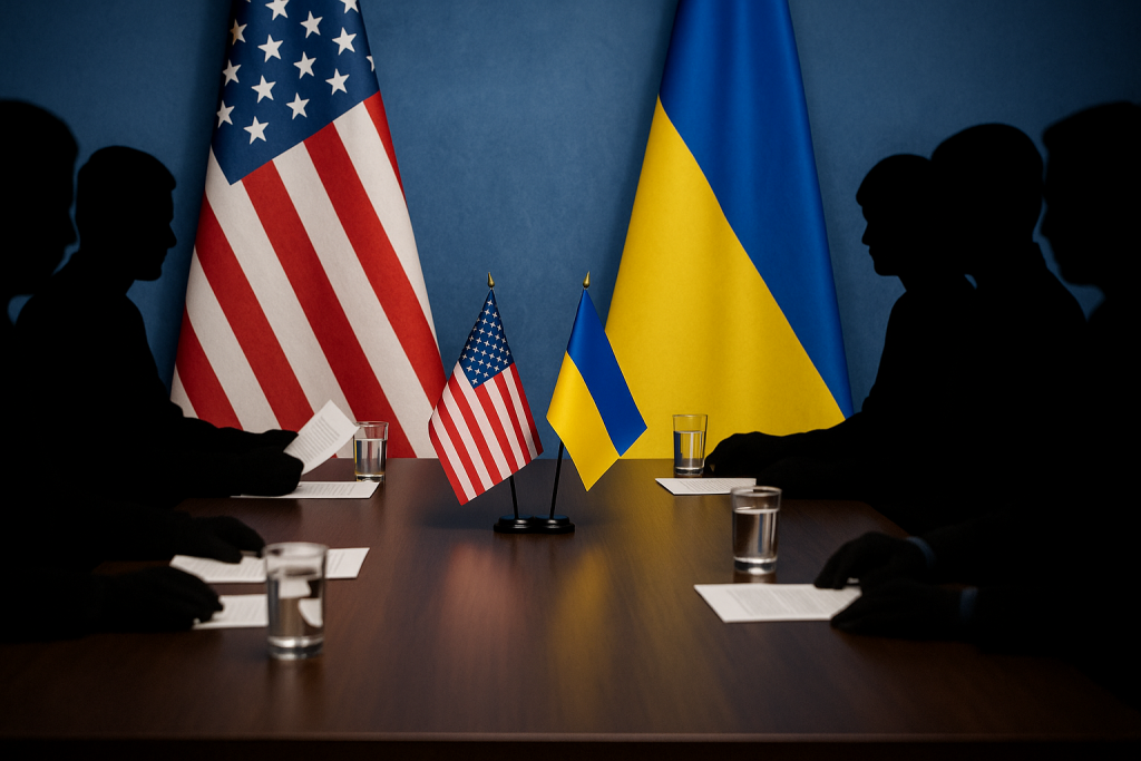 Переговоры делегаций США и Украины за столом с государственными флагами в центре