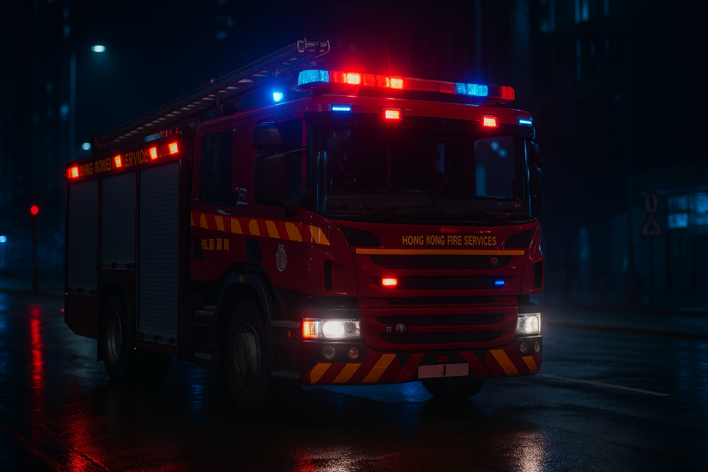 Пожарная машина службы Hong Kong Fire Services ночью на мокрой улице с включёнными проблесковыми огнями
