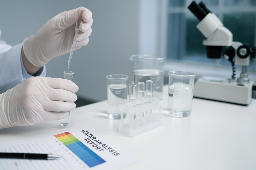 Специалисты берут пробы воды для анализа в экологической лаборатории