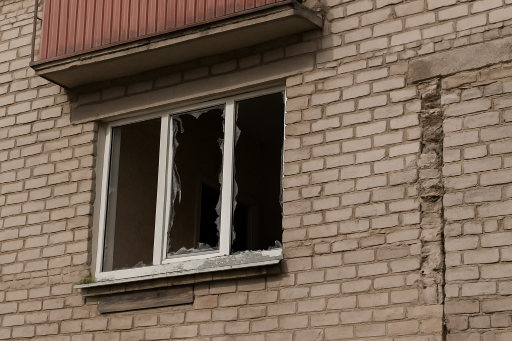 Поврежденное окно жилого дома после атаки, выбитые стекла и следы разрушений на фасаде
