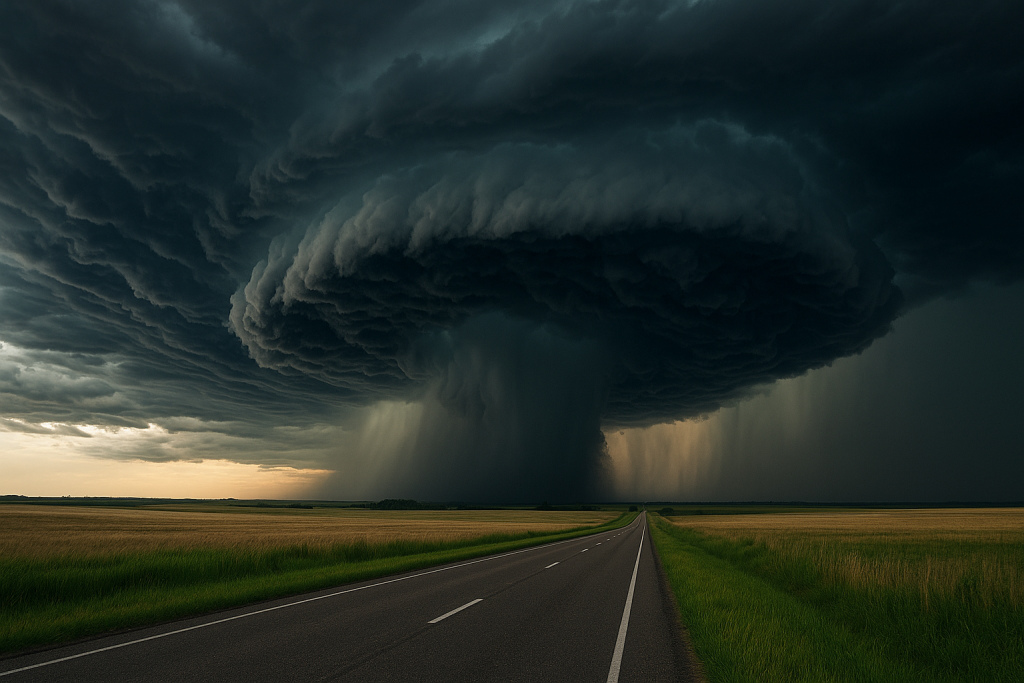 мощный шторм с гигантской суперячейкой над дорогой и полями, тёмные облака и сильные осадки вдалеке
