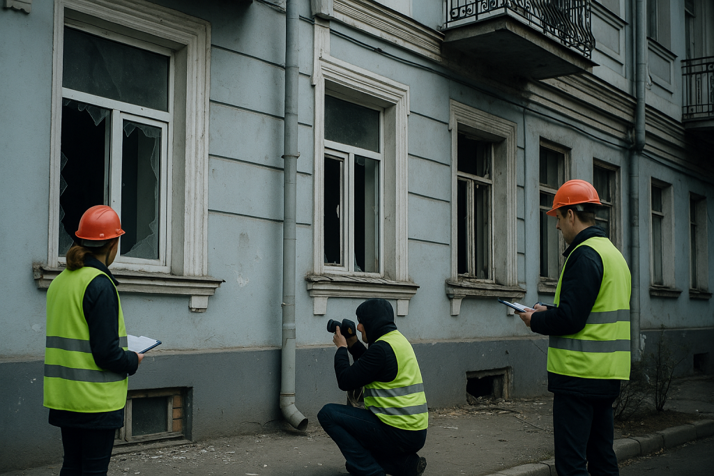Специалисты в сигнальных жилетах осматривают повреждённый фасад здания и фиксируют последствия атаки
