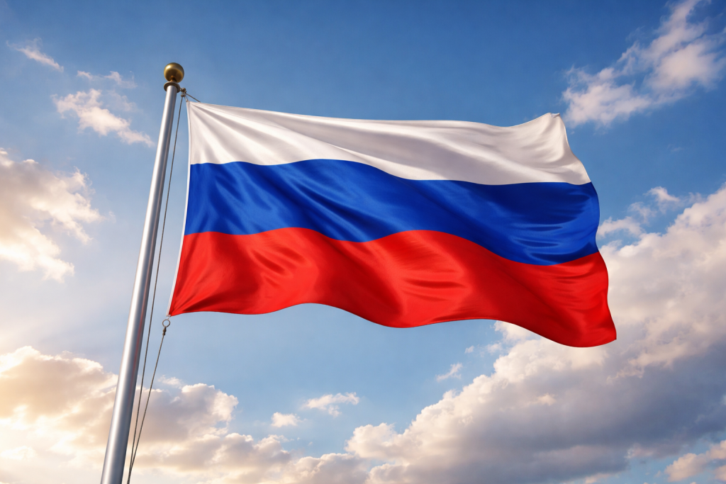Флаг России, развевающийся на ветру на фоне неба, вид снизу вверх