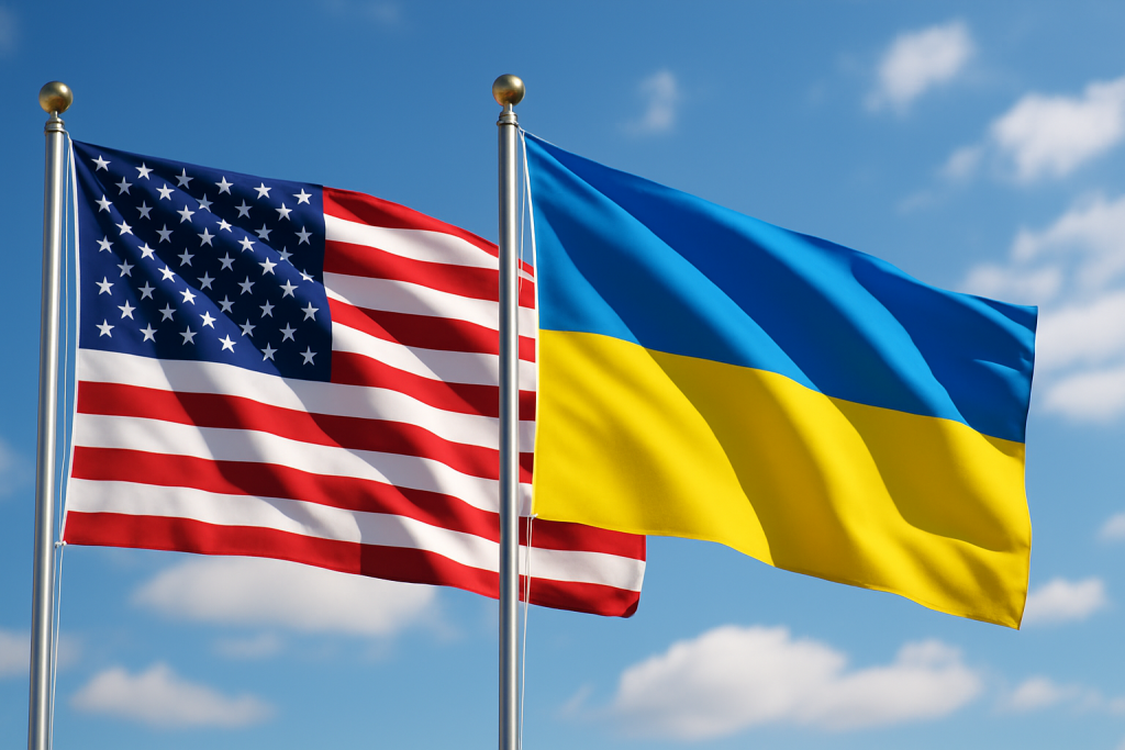 Флаги Соединённых Штатов и Украины, снятые крупным планом
