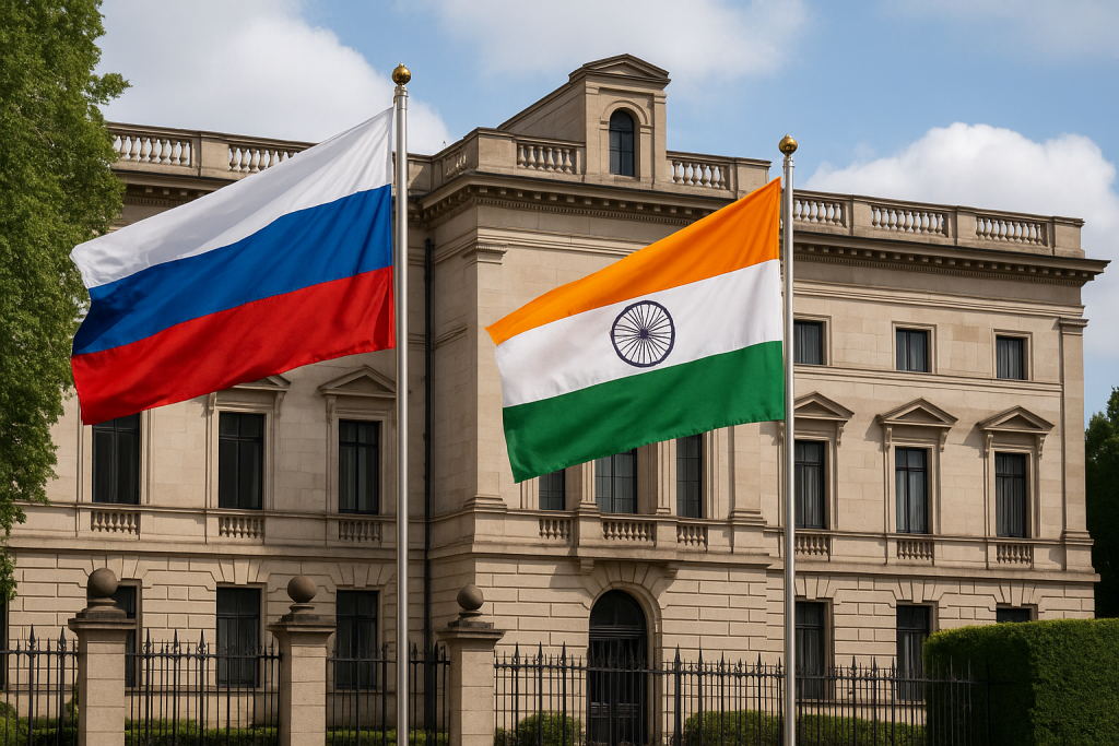 Флаги России и Индии на фоне здания дипломатической миссии