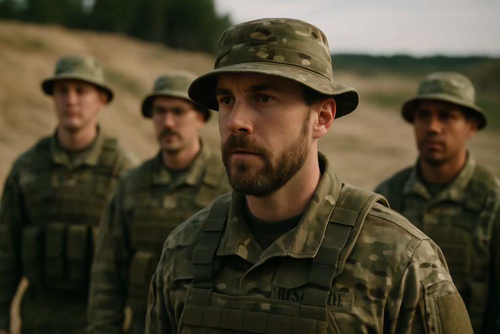 Резервисты на учебном полигоне во время инструктажа, один военнослужащий в фокусе, остальные расфокусированы
