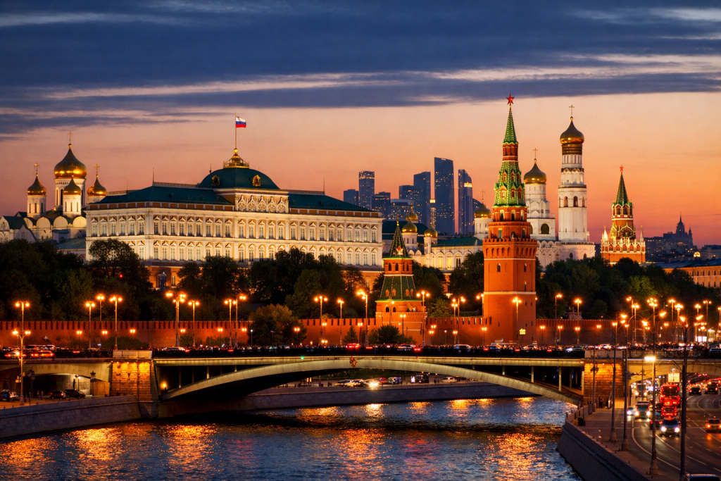 Вид на Московский Кремль и центр Москвы в вечернее время на фоне городского пейзажа