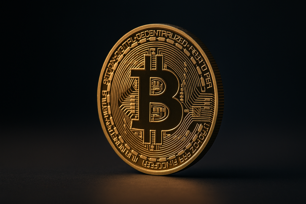 Золотая монета Bitcoin крупным планом на тёмном фоне
