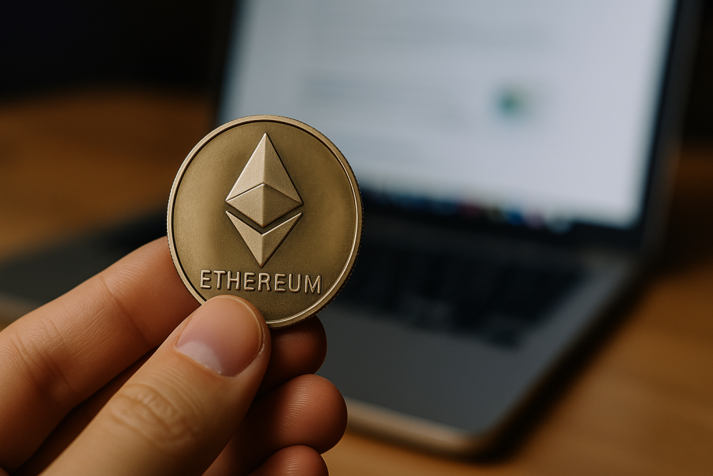 Монета Ethereum в руке на фоне ноутбука
