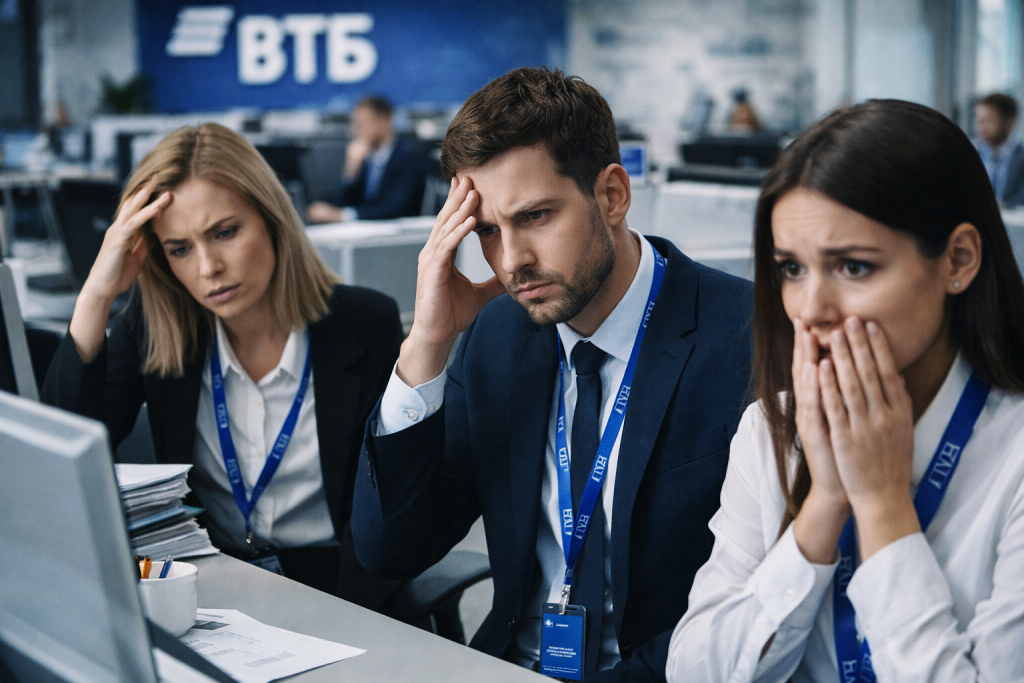Сотрудники банка ВТБ обеспокоены во время работы в офисе, на фоне рабочих мест и компьютеров