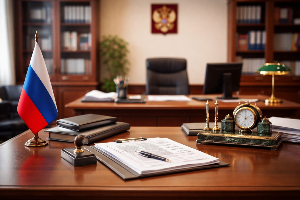 Кабинет государственного учреждения с рабочим столом, документами и официальной атрибутикой

