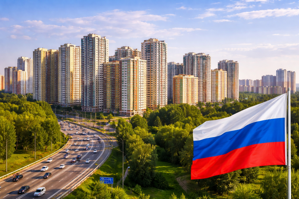 Панорама современного российского города и жилых районов, иллюстрирующая смену места жительства и переезд
