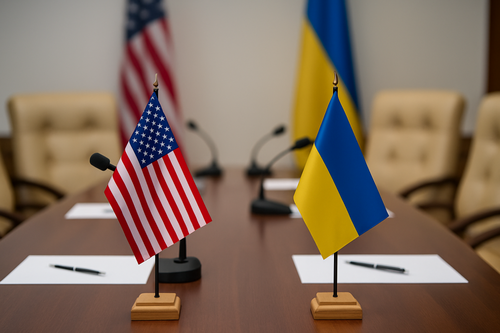 Флаги США и Украины на столе во время подготовки к дипломатическим переговорам.  