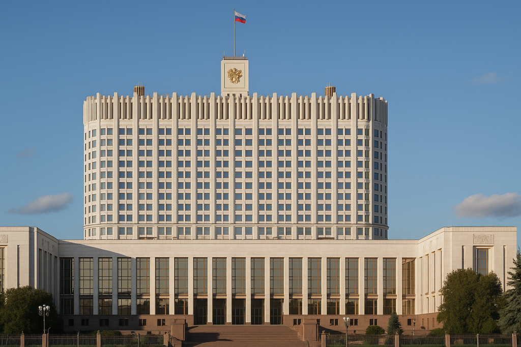 Фасад здания правительства России, снятый днём
