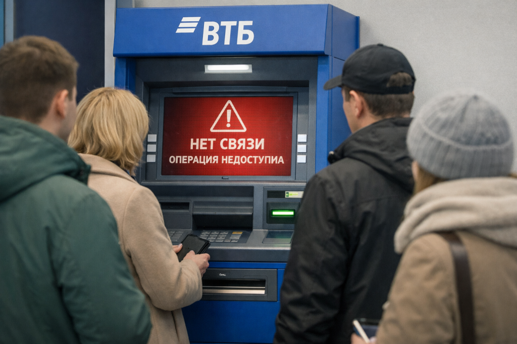Очередь у банкомата ВТБ во время сбоя в работе банка