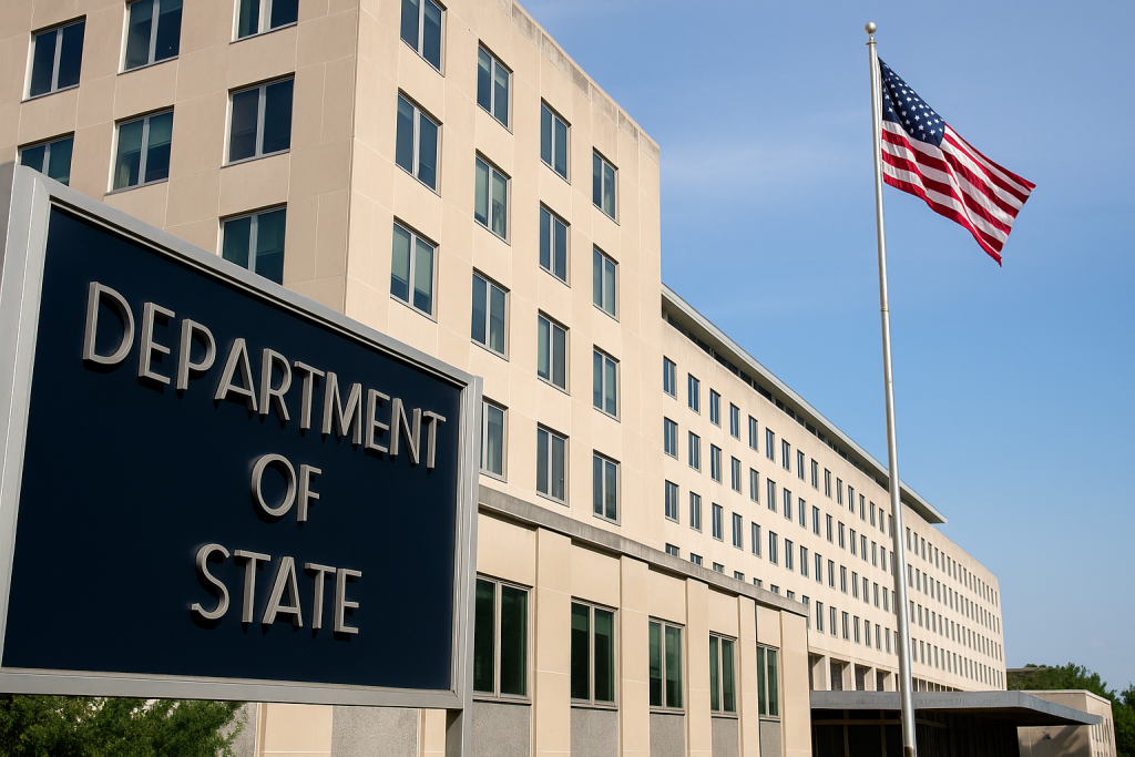 Здание Госдепартамента США и флаг США перед входом
