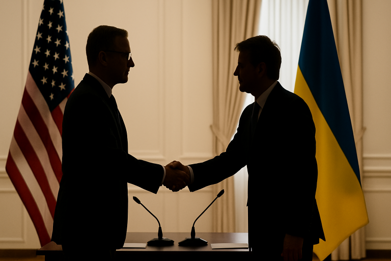 Силуэты двух дипломатов, пожимающих руки на фоне флагов США и Украины во время официальной встречи