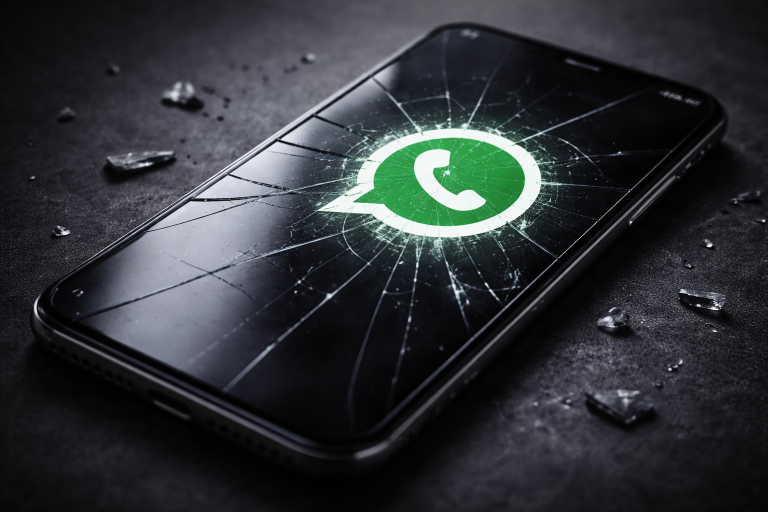 Треснувший экран смартфона с иконкой WhatsApp