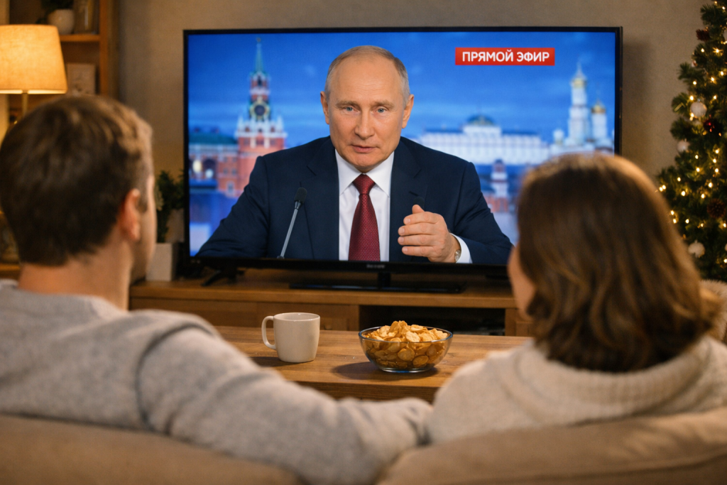 Жители смотрят прямую трансляцию обращения президента России Владимира Путина по телевидению