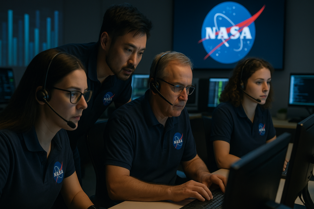 Учёные NASA работают в центре управления полётами, анализируя данные на мониторах.