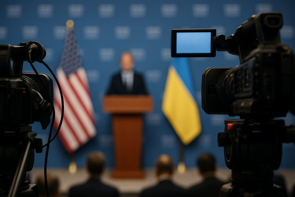 Пресс-зона с видеокамерами, снимающими выступление на фоне флагов США и Украины
