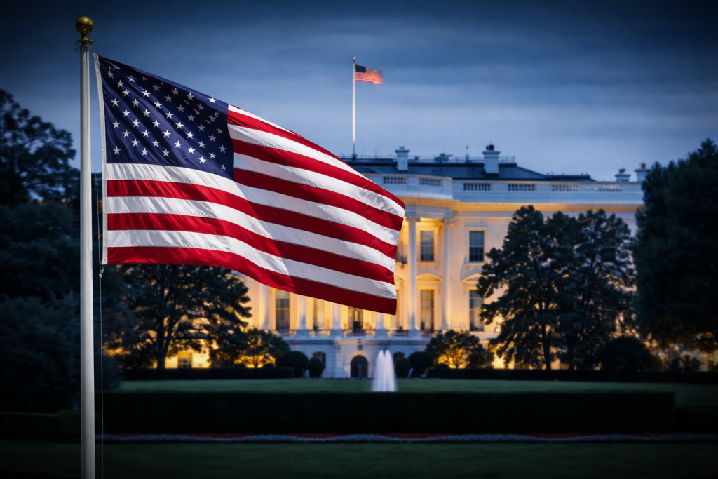 Американский флаг на фоне Белого дома вечером, Вашингтон, США