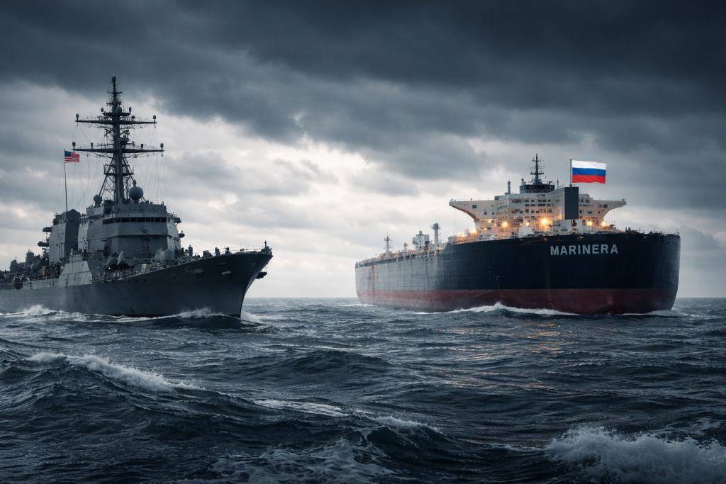 Американский военный корабль и российский нефтяной танкер Marinera на фоне холодного океана под тёмным грозовым небом.