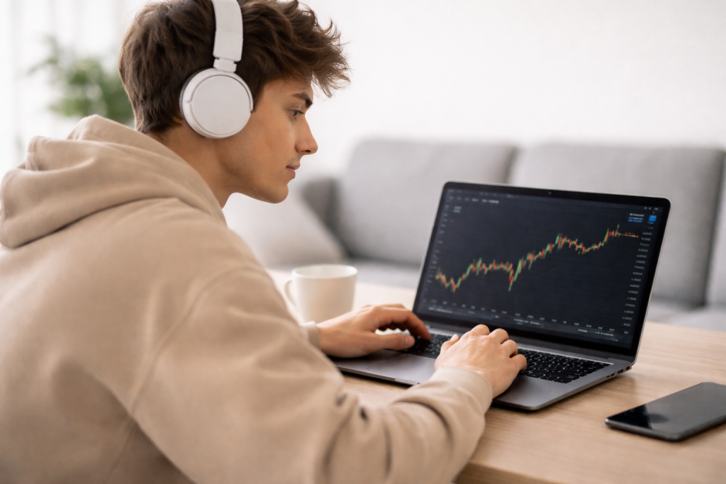 человек в наушниках за ноутбуком, на экране графики криптовалют