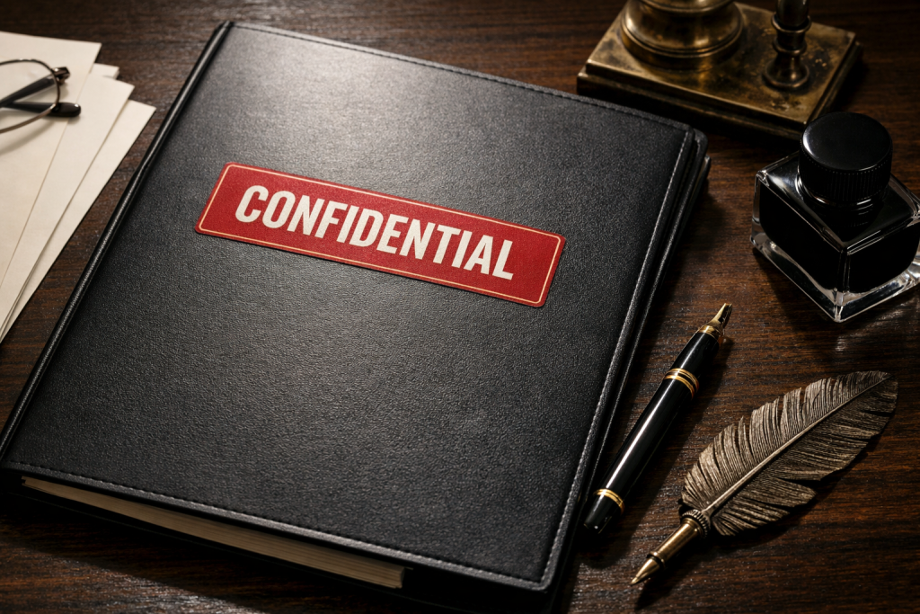 Закрытая чёрная папка с пометкой CONFIDENTIAL на деревянном столе, рядом перьевая ручка, чернильница и очки
