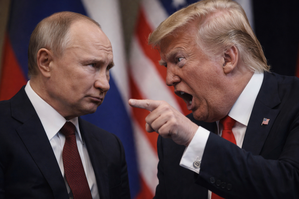 Владимир Путин с недовольным выражением лица и Дональд Трамп, кричащий и указывающий пальцем во время спора