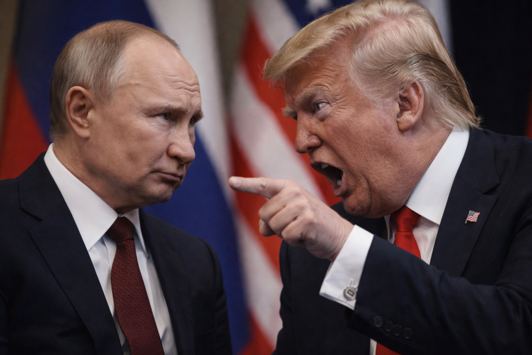 Владимир Путин с недовольным выражением лица и Дональд Трамп, кричащий и указывающий пальцем во время спора