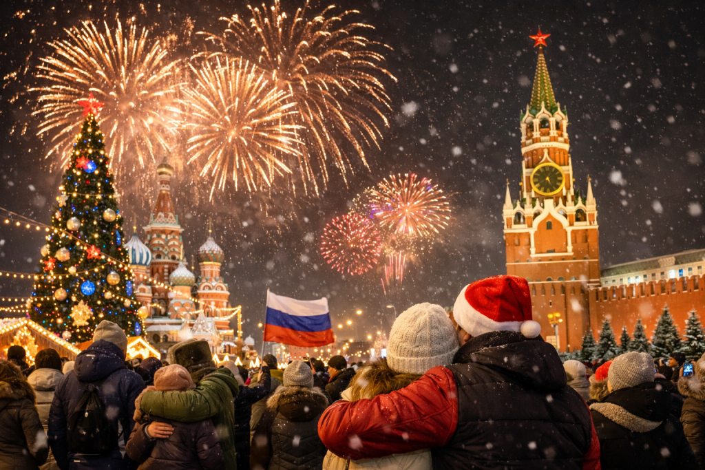 Новогодняя ночь в России 2026 года, люди на городской площади смотрят салют и празднуют Новый год во время новогоднего обращения президента