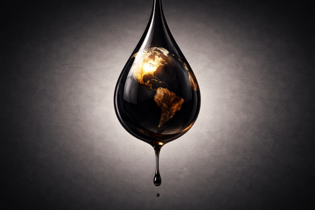 Падающая капля нефти в форме глобуса с подсвеченными контурами Америки на тёмном фоне