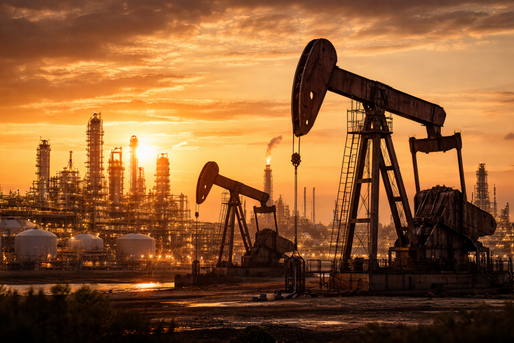 Нефтяные качалки на фоне нефтеперерабатывающего завода на закате, индустриальный пейзаж.