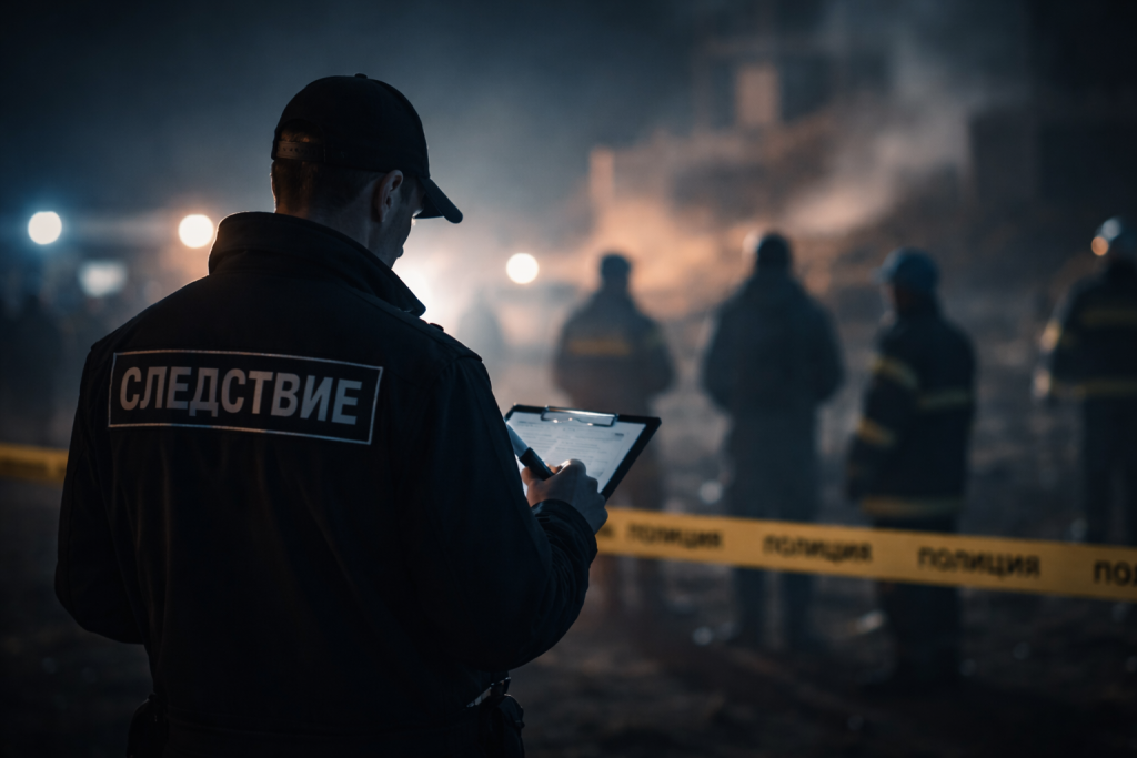 Следователь на месте происшествия ночью: мужчина с планшетом у ограждения, на фоне в расфокусе спасатели и дым

