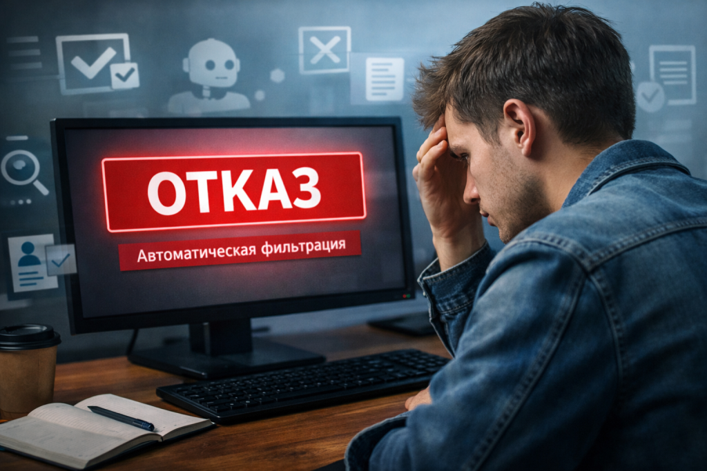 Молодой человек в джинсовой куртке смотрит на экран с сообщением 'ОТКАЗ — Автоматическая фильтрация', отражающим трудности трудоустройства для новичков в 2026 году
