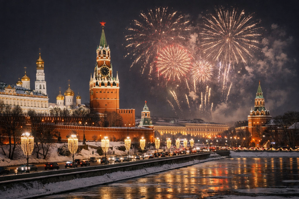 Новогодний салют над Кремлём в Москве во время обращения президента России в 2026 году