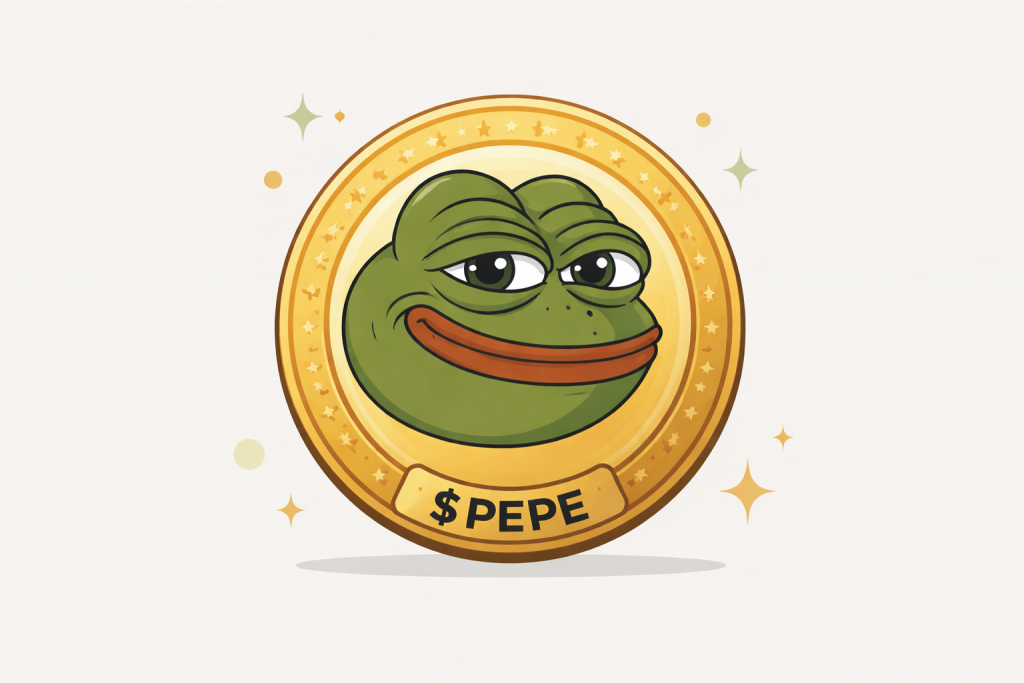 Символическая монета с изображением Pepe the Frog и подписью $PEPE на светлом фоне