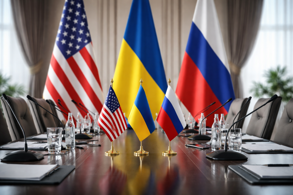 Флаги США, Украины и России на фоне переговорного стола в дипломатической обстановке — символ международных консультаций в Абу-Даби