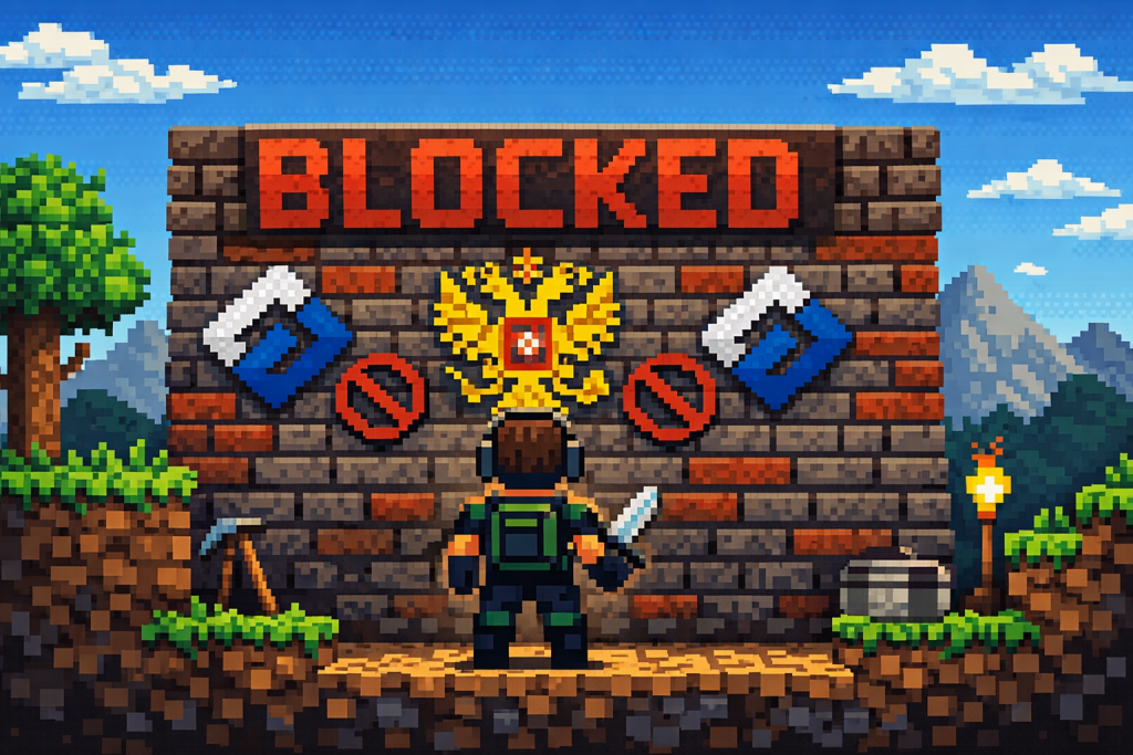 Пиксельный геймер стоит перед кирпичной стеной с надписью BLOCKED и символами Роскомнадзора, символизирующей блокировку зарубежных онлайн-игр в России.