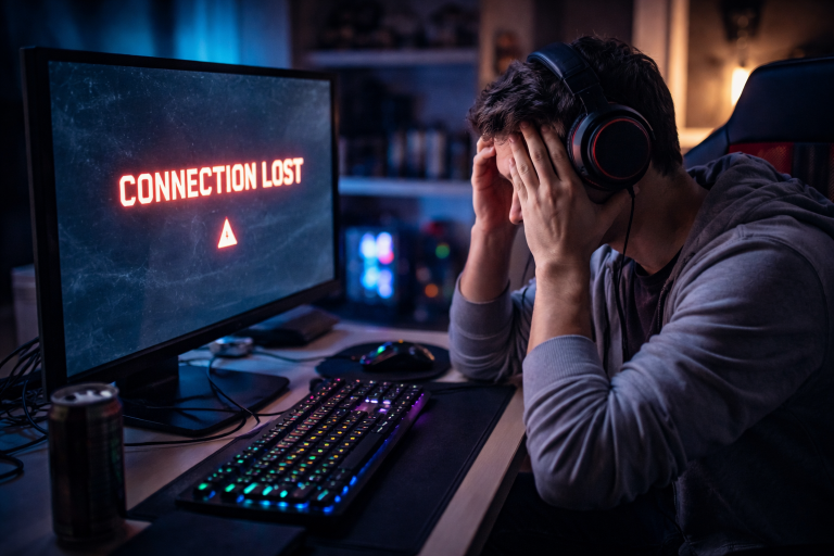Расстроенный геймер в наушниках сидит перед монитором с ошибкой 'Connection Lost' в тёмной комнате с подсветкой RGB.