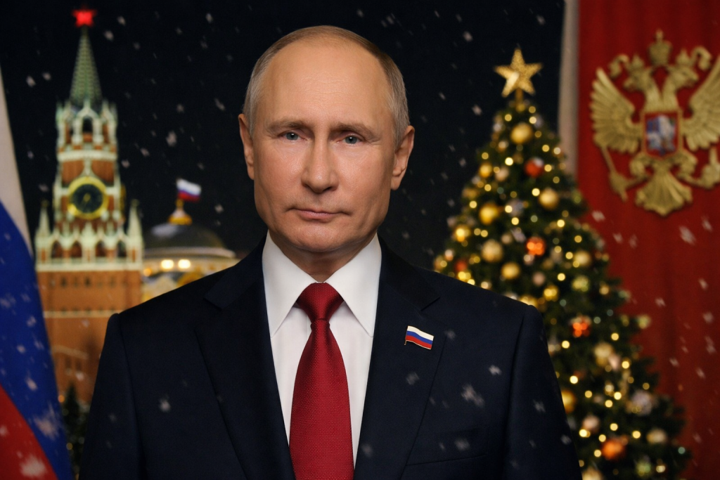 Президент России Владимир Путин во время новогоднего обращения 2026 года на фоне Кремля и новогодней ёлки, официальное выступление главы государства перед гражданами страны
