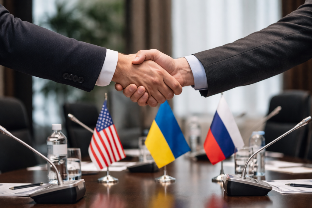 Рукопожатие дипломатов на фоне флагов США, Украины и России во время мирных переговоров
