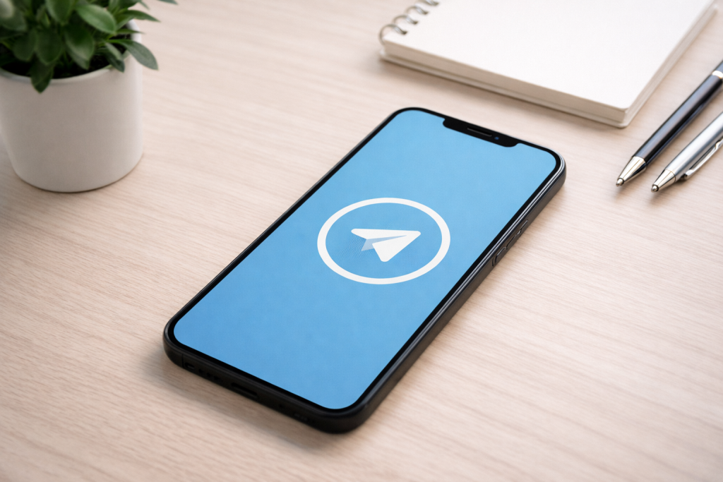 Смартфон с логотипом Telegram на экране, рядом блокнот, ручки и комнатное растение на светлом деревянном столе