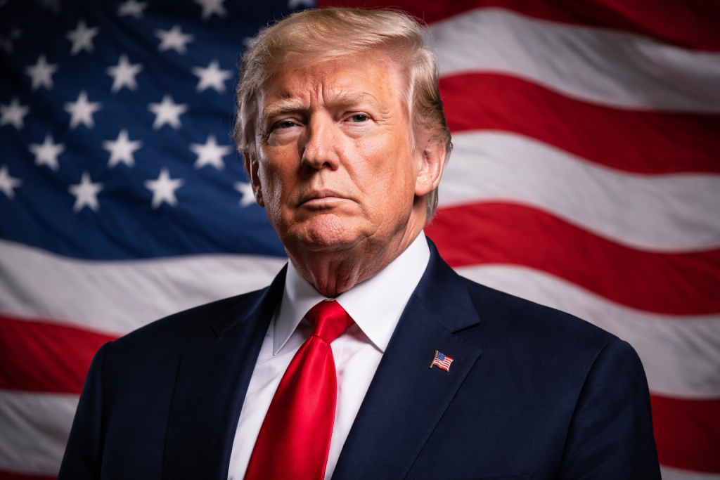 Портрет Дональда Трампа на фоне американского флага, с серьёзным выражением лица в деловом костюме и красным галстуком

