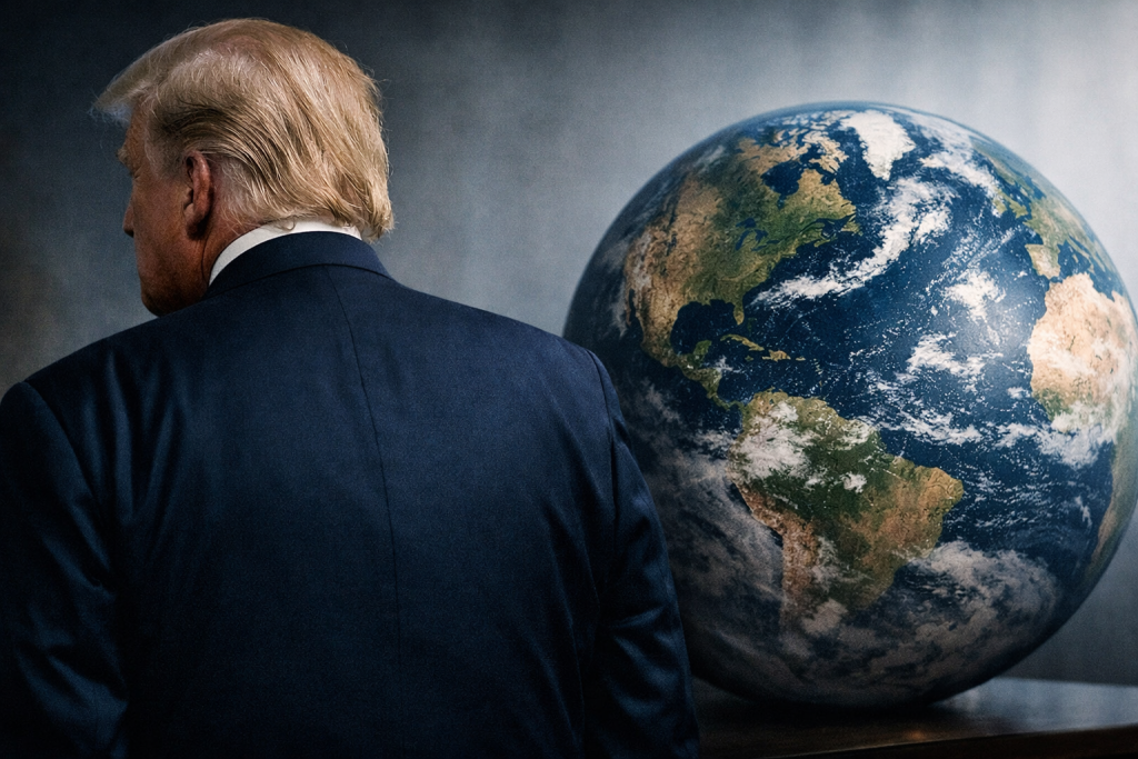 Дональд Трамп отворачивается от глобуса, символизируя отказ от глобальной повестки и переориентацию на национальные интересы США