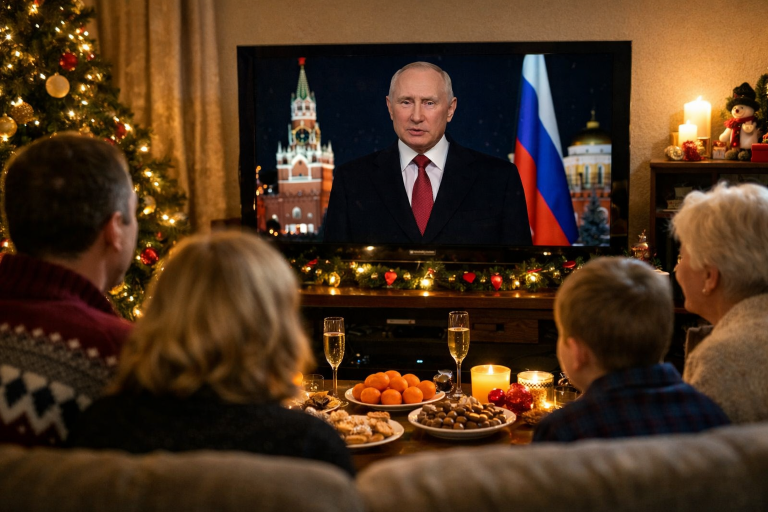 Новогоднее обращение Владимира Путина 2026 года на экране телевизора, семья смотрит поздравление президента в праздничной обстановке дома