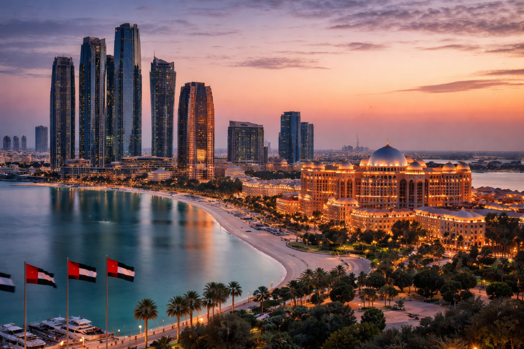 Панорама Абу-Даби на закате с отелем Emirates Palace и современными небоскрёбами на фоне залива
