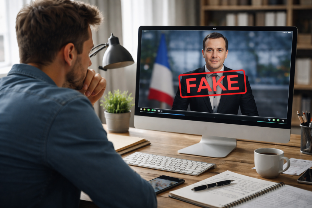 Журналист за рабочим столом внимательно смотрит на монитор с видео, помеченным как FAKE. На экране — поддельное выступление политика. На столе — чашка кофе, ноутбук, блокнот и ручка. Естественное освещение, спокойная рабочая атмосфера
