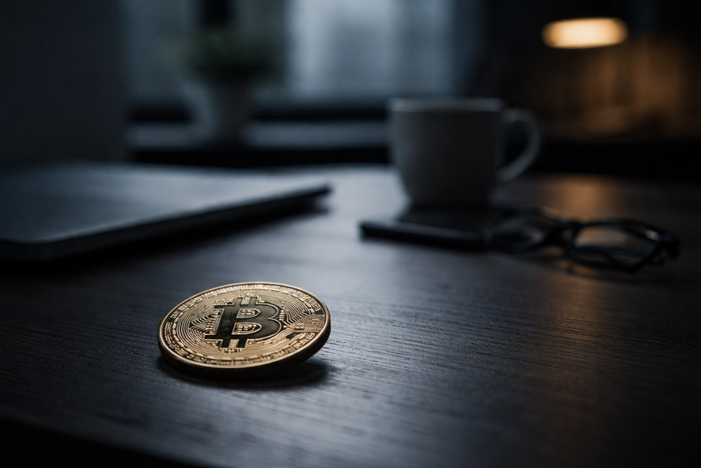 Монета Bitcoin на столе в тени на фоне неопределённости криптовалютного рынка